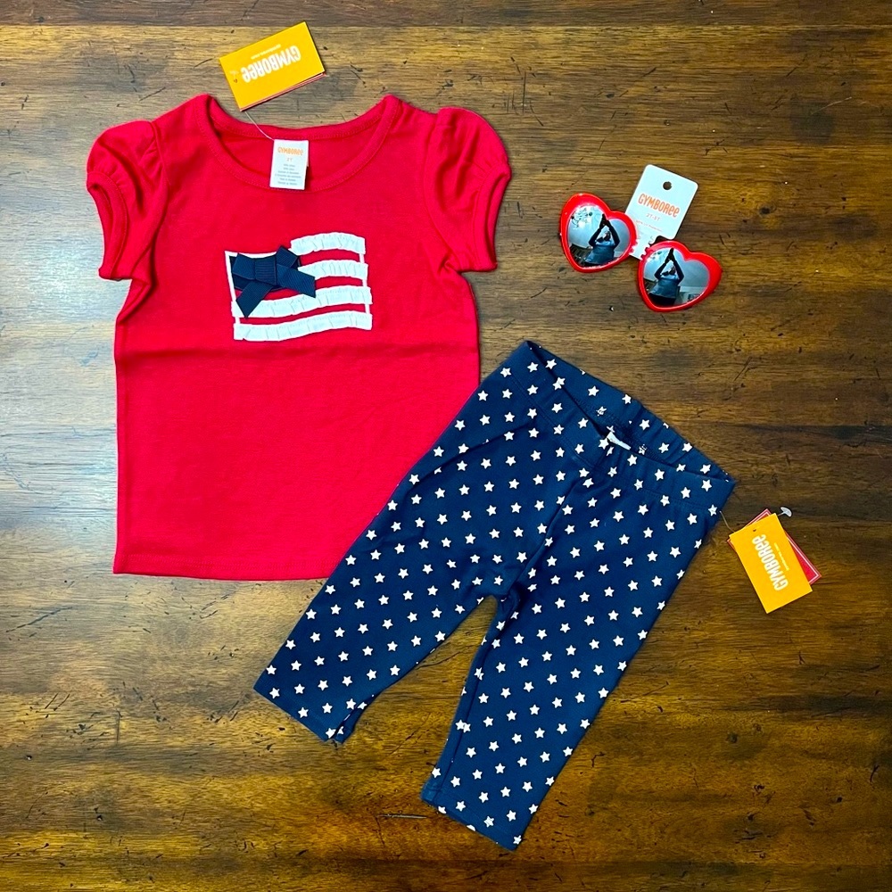 Gymboree 3 piece Stars & Stripes Capri, Ruffle Tee and Sunglasses Set NWT